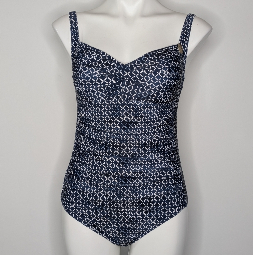 Niptuck Blue White Geometric Ruched Multi Fit Cup One Piece Swimsuit 10